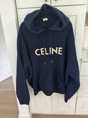 Celine Navy Ribbed Logo Hoodie